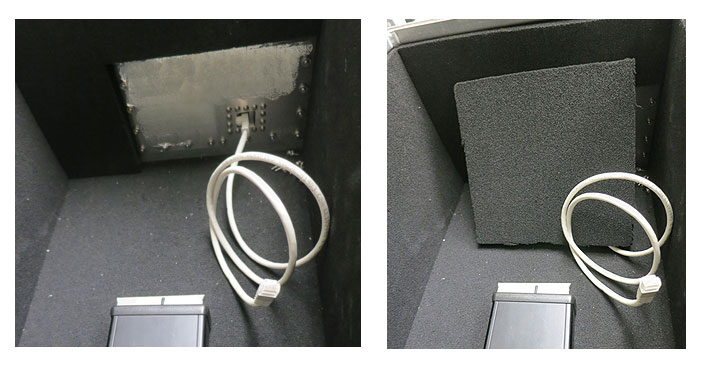 Two interior views of an enclosure I/O plate: on the left the bare plate with a cable coiled in front of it, on the right the same view with a square of RF absorbing foam leaning against the plate