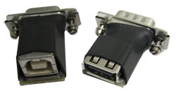 Two small PCB adapters, each with a DB9 connector shell on one side and a USB socket on the other