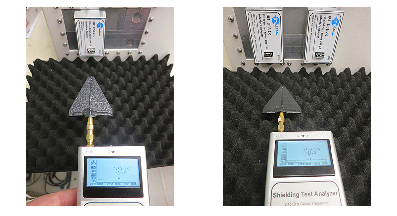Two photographs side by side of the same enclosure I/O area, shot from inside: on the left a single filtered USB interface module is installed, on the right two modules are installed