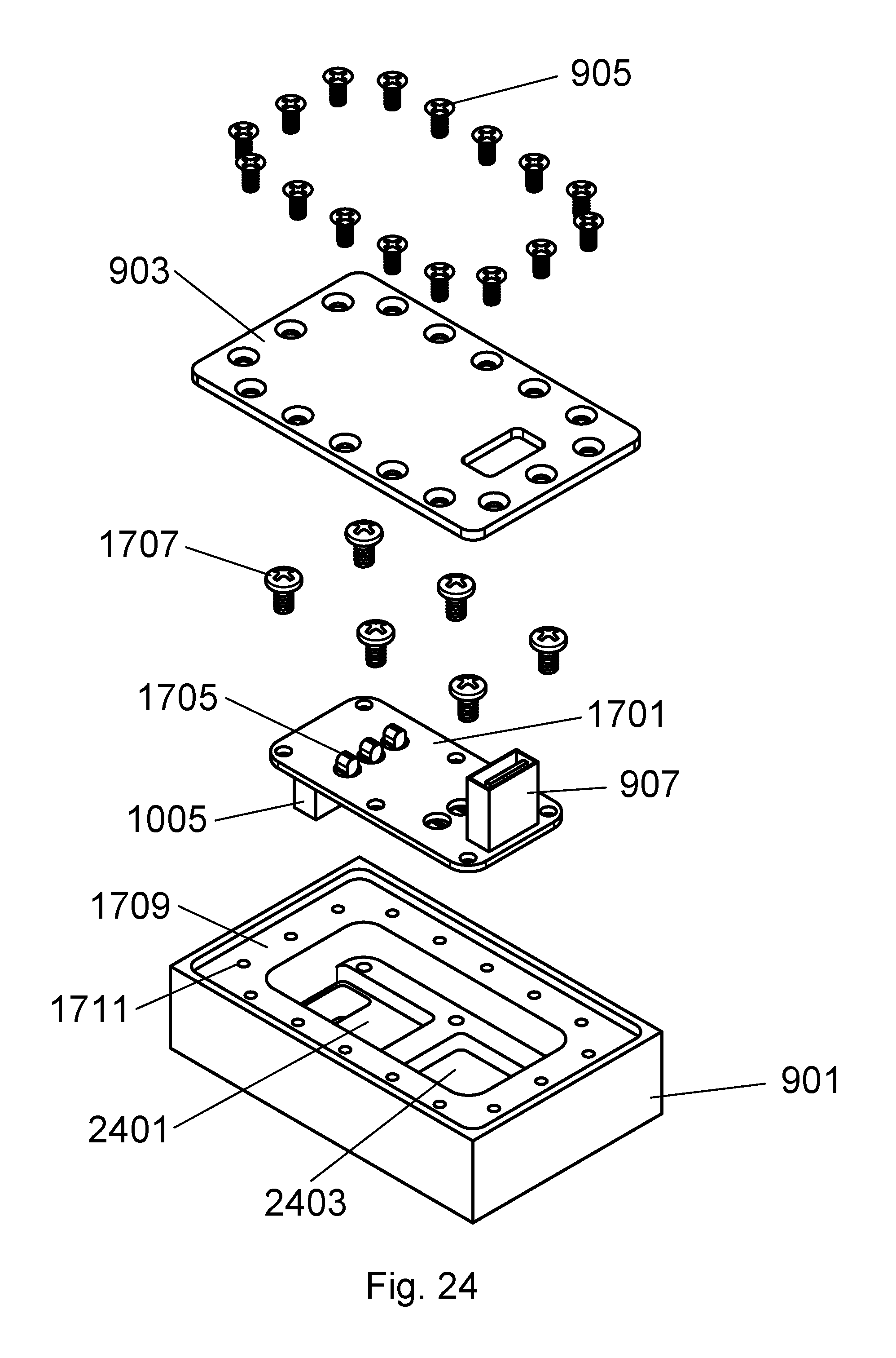USPTO drawing, US 10,374,572 B2 — Full exploded assembly view of the RF filter