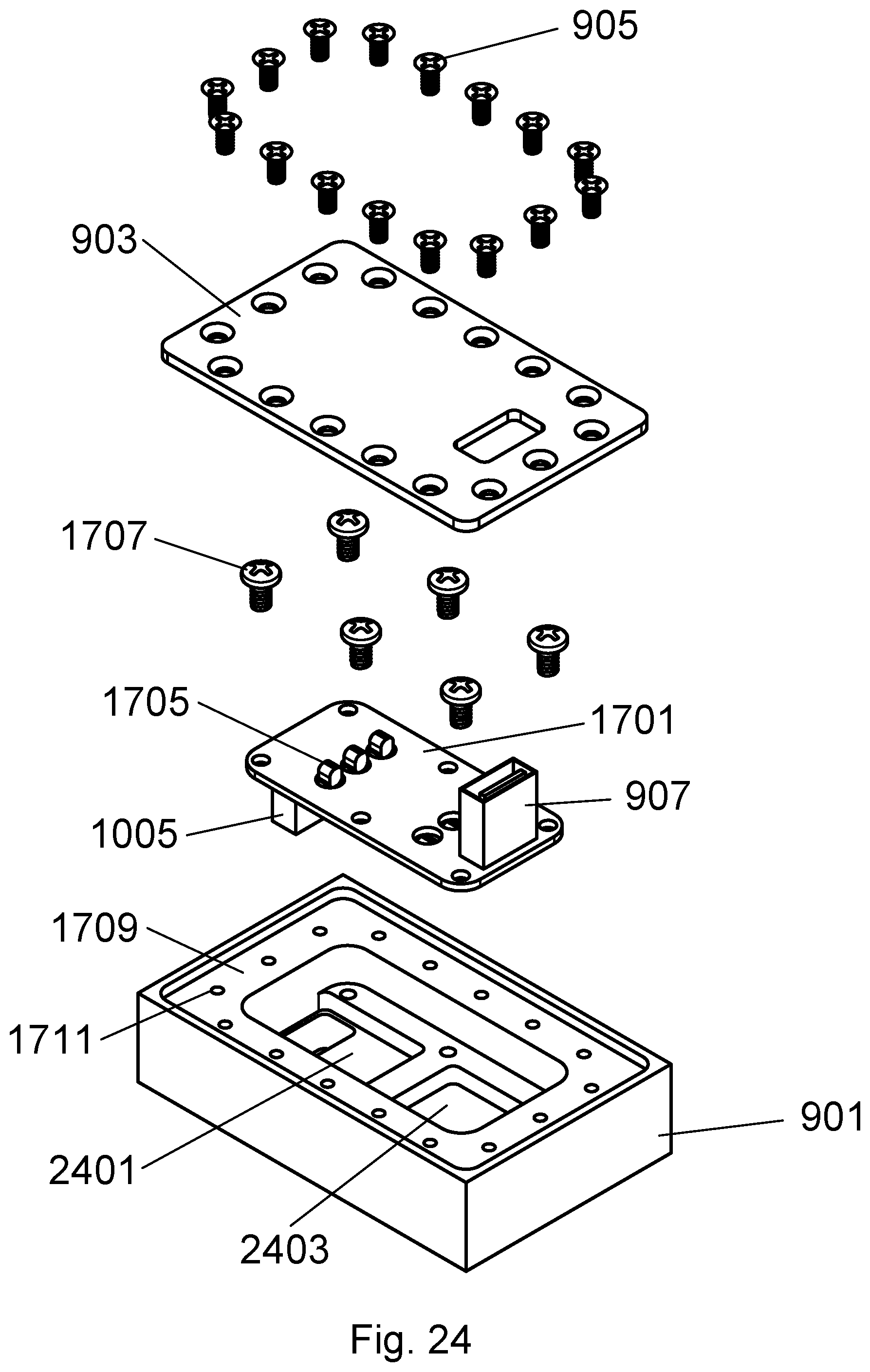 USPTO drawing, US 10,644,670 B2 — Full exploded assembly view of the RF filter