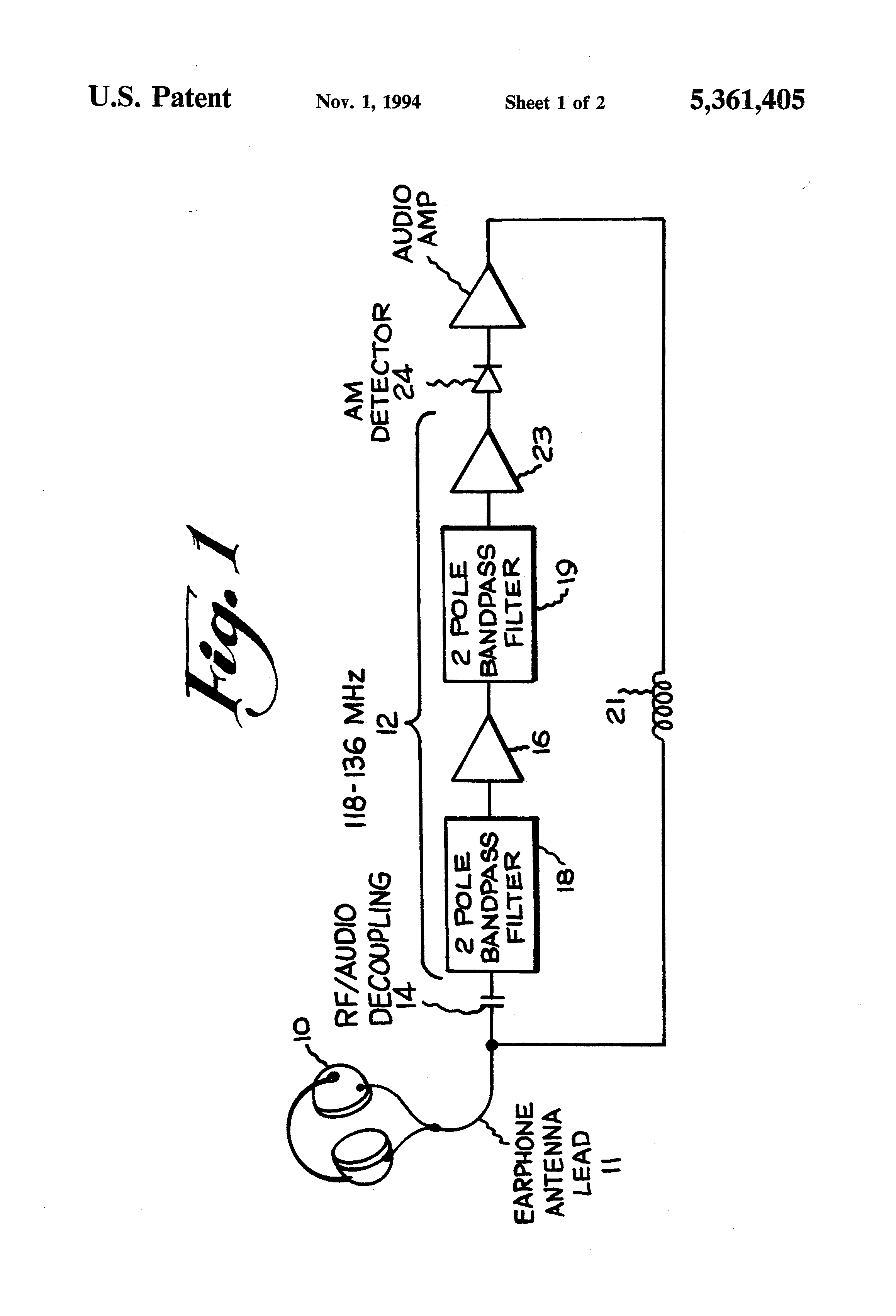 USPTO drawing, US 5,361,405 — Block diagram of the radio system for monitoring aircraft transmissions, showing major components and signal flow.