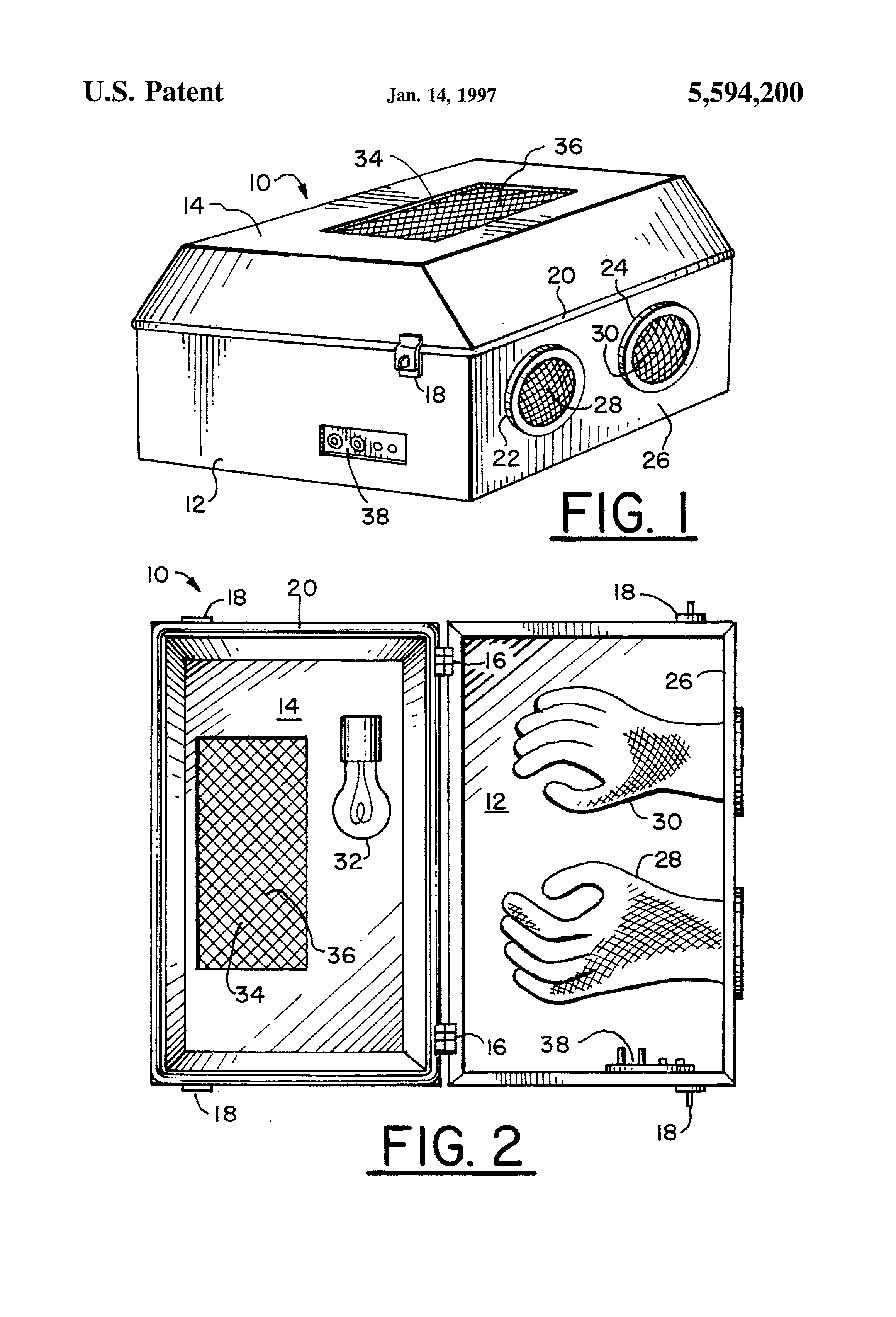 USPTO drawing, US 5,594,200 — FIG. 1 (top): closed isometric view of the original 1994-priority isolation chamber. FIG. 2 (bottom): the chamber open, showing the interior/lid and an operator's hands inserted through the two conductive sleeves into the chamber