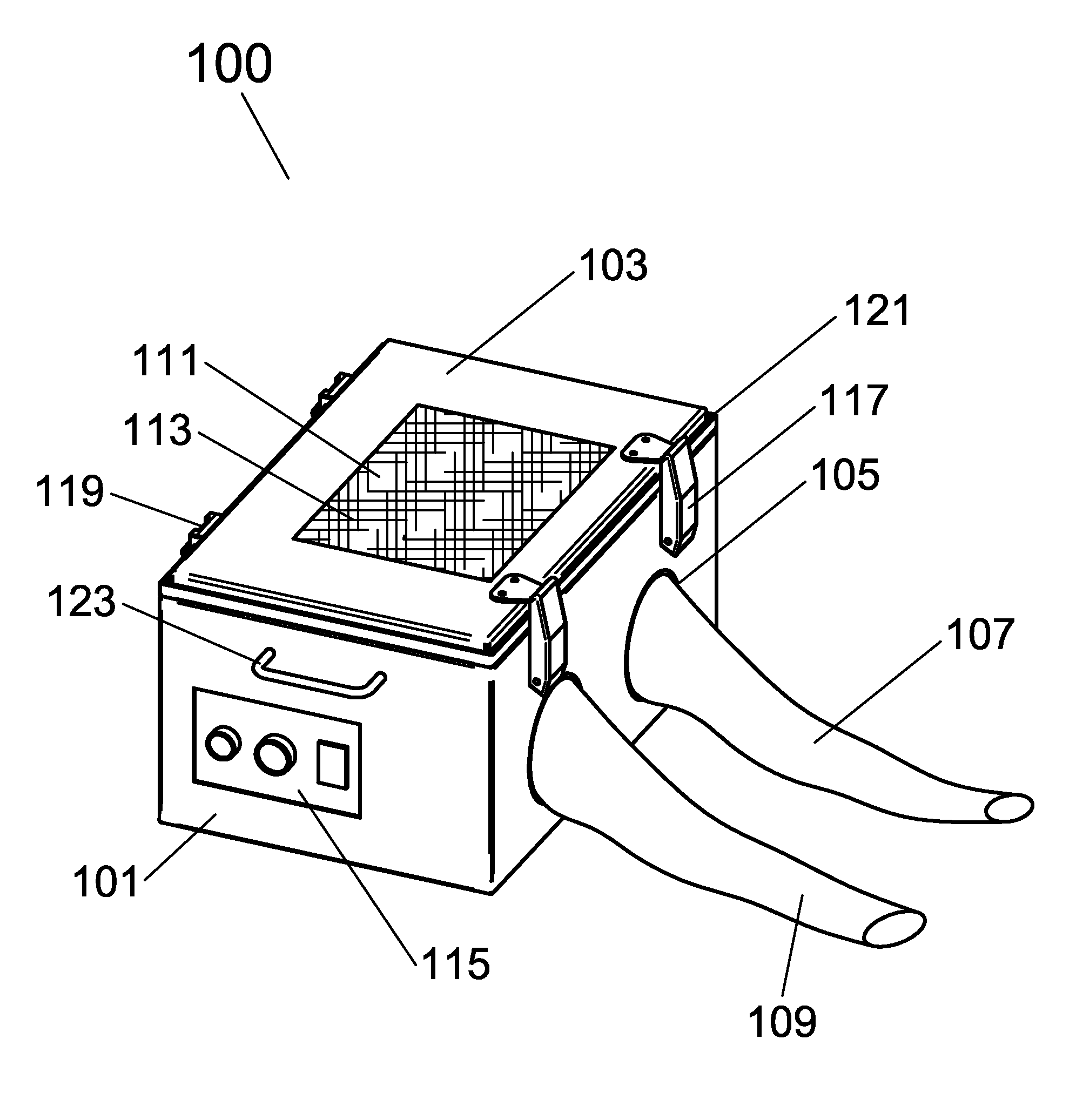 USPTO drawing, US 8,294,044 B2 — Closed perspective (isometric) view of the whole isolation chamber