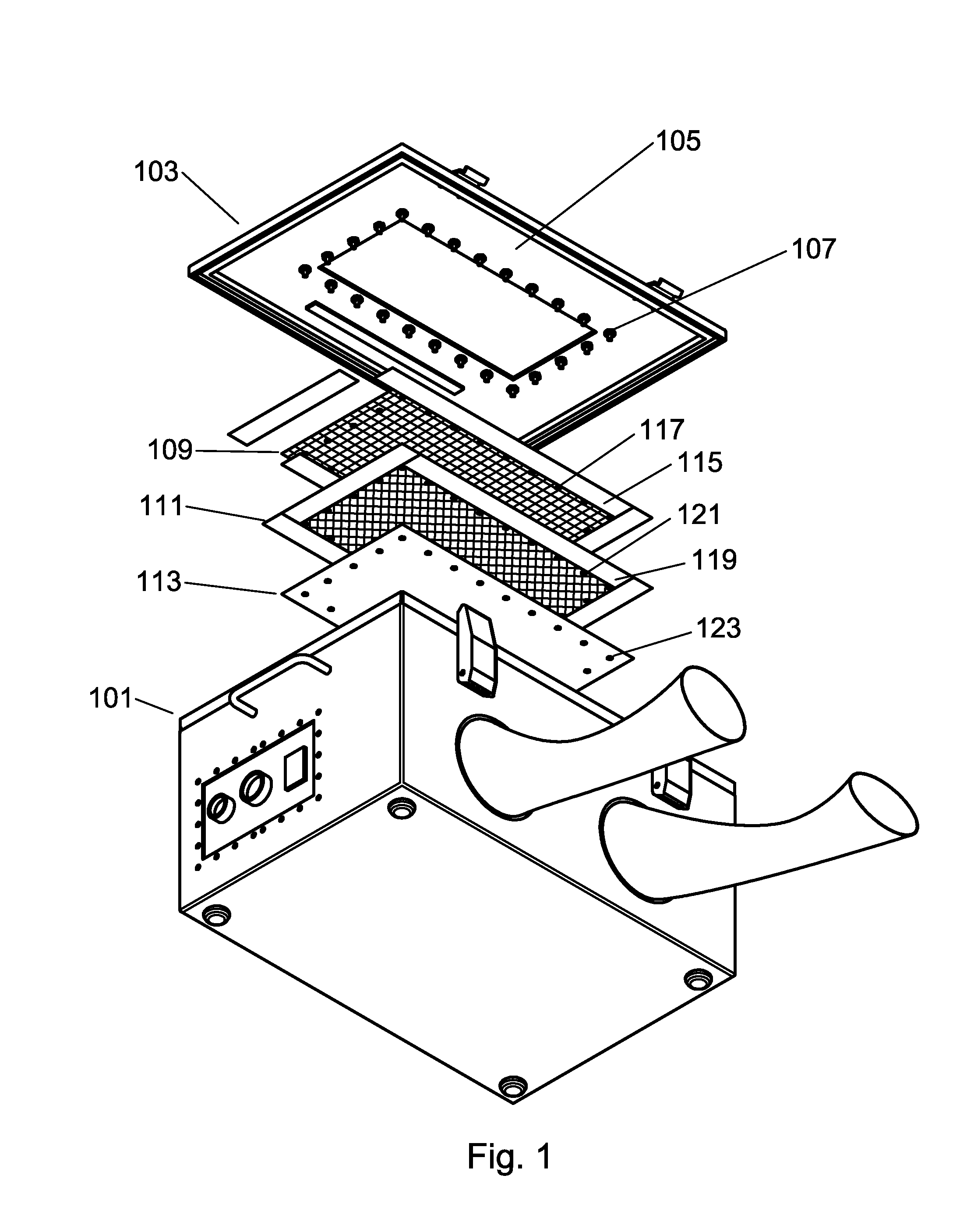USPTO drawing, US 9,497,894 B1 — Exploded perspective view of the low-impedance RF shielded window assembly used with a shielded enclosure